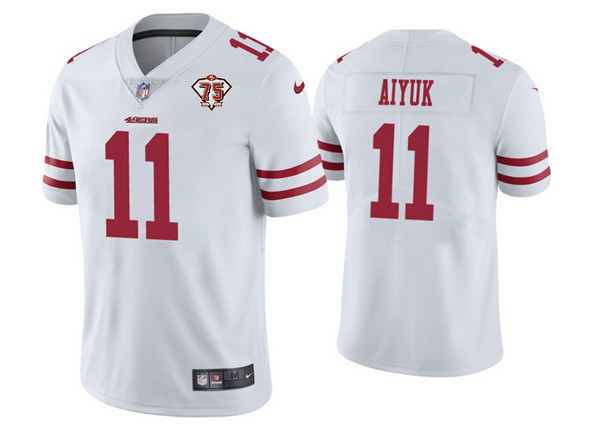 Men's San Francisco 49ers #11 Brandon Aiyuk 2021 White NFL 75th Anniversary Vapor Untouchable Stitched Jersey Men's San Francisco 49ers #11 Brandon Aiyuk 2021 White NFL 75th Anniversary Vapor Untouchable Stitched Jersey
